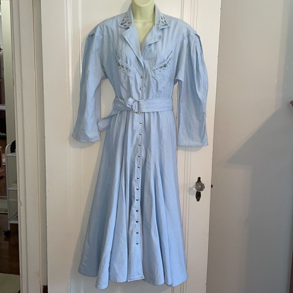 Vtg 80s/90s Karen Alexander light blue cotton western dress with‎ silver studs - Picture 3 of 16
